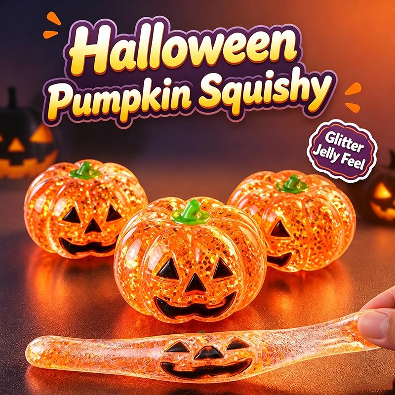 Squeezable Glitter Pumpkin Stress Relief Toy Elastic Safe Fidget Toy for Halloween Themed Party Classroom Prizes Kids Gifts