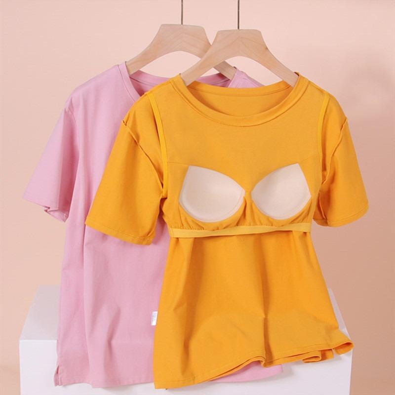 Summer Loose Top and Home Wear with Chest Pads Short Sleeves and One Piece