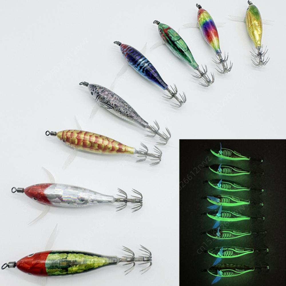 1-3pcs Luminous Floating Egi Lure 5.5g Wood Shrimp Horizontal Laser Squid Jigging Shrimp Hook Octopus Cuttlefish Fishing Baits