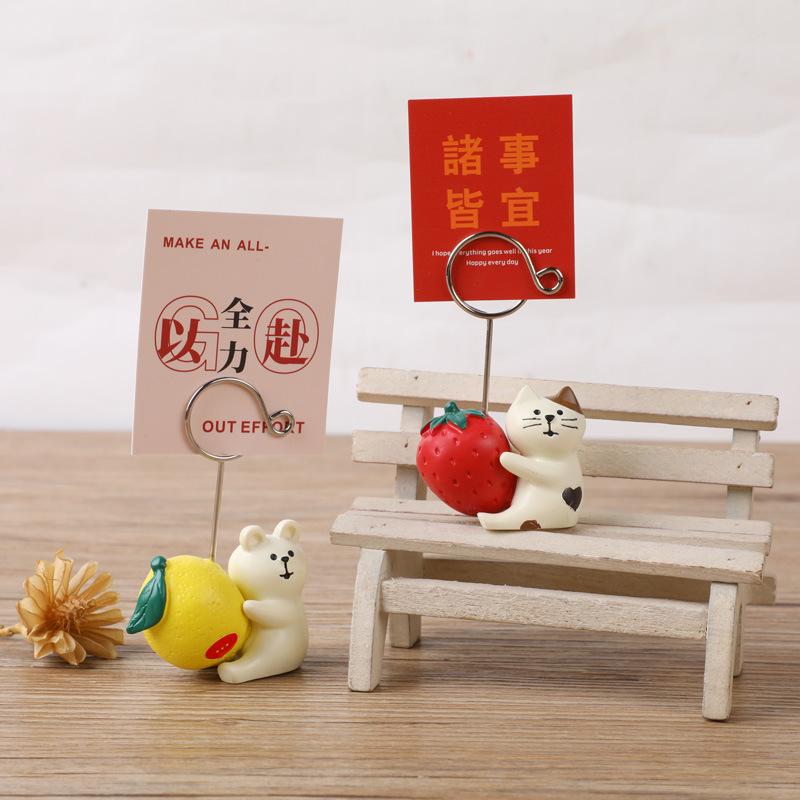 Creative Cute Cat Hugging Strawberry, White Bear Hugging Lemon Resin Message Holder, Desktop Decoration Photo Holder Note Holder