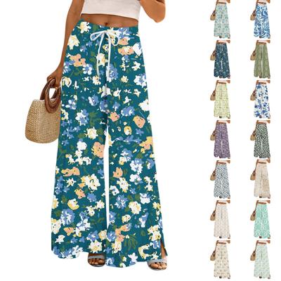 Women's Printed Wide Leg Pants With Pockets High Waist Drawstring Loose Casual Pants