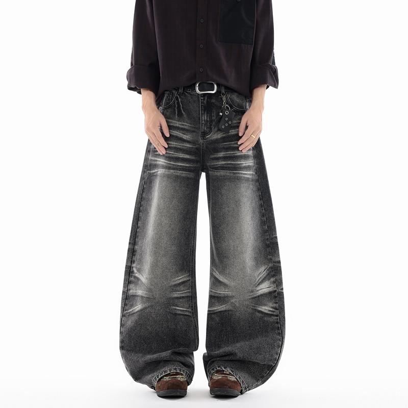 Retro Washed Workwear Jeans, Men's Wide Leg Pants, Straight Leg Pants