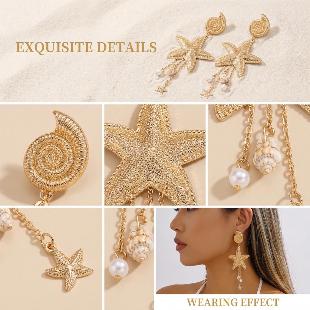 Exaggerated Large Metal Starfish Shell Drop Earrings for Women Trendy Conch Long Tassel Earrings Girl Beach Party Jewelry