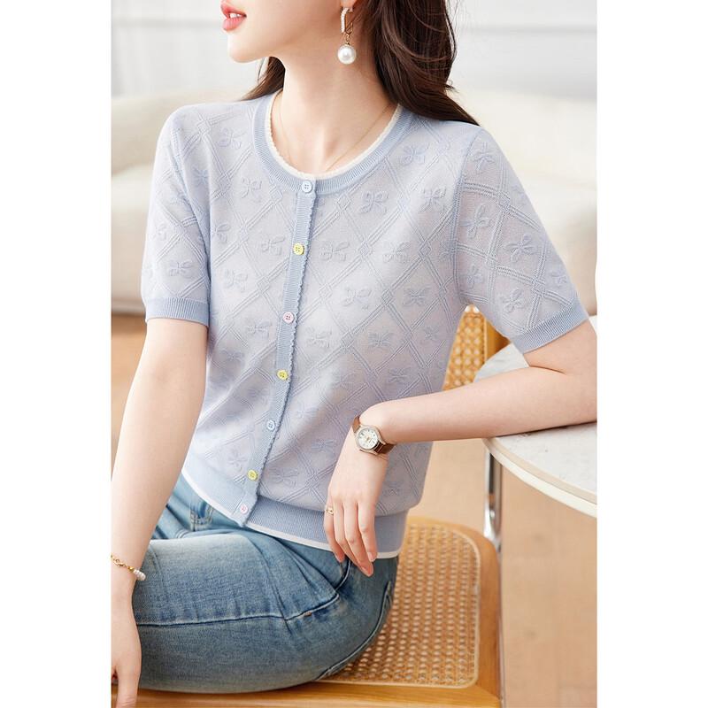 Srcr Women s Mulberry Silk Blend Jacquard Knit Bowknot T-Shirt XL