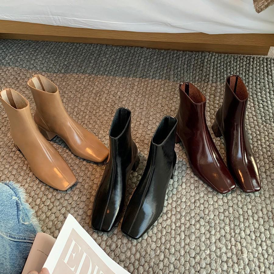 Grape Mom Burgundy French Genuine Leather Ankle Boots - Elegant, Square Toe, Thick Heel, Retro Style, Women's Fashion.