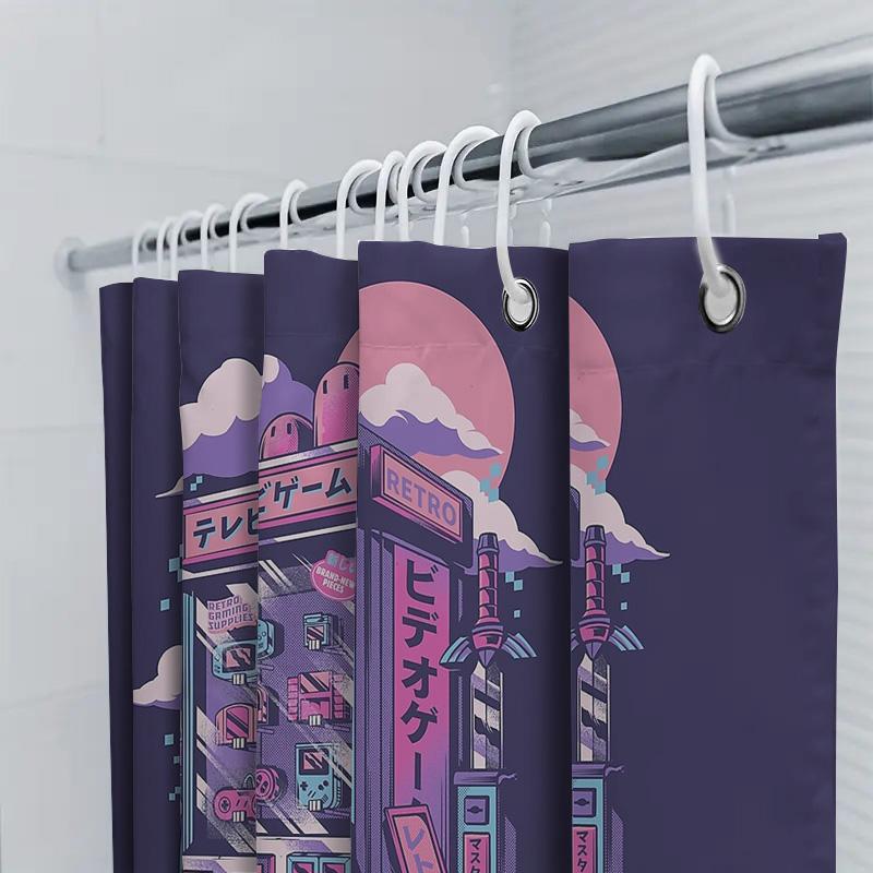 Japanese Anime Shower Curtain Retro Vaporwave Cityscape Backdrop Washroom Decor Artistic Wall Hanging Home Decor