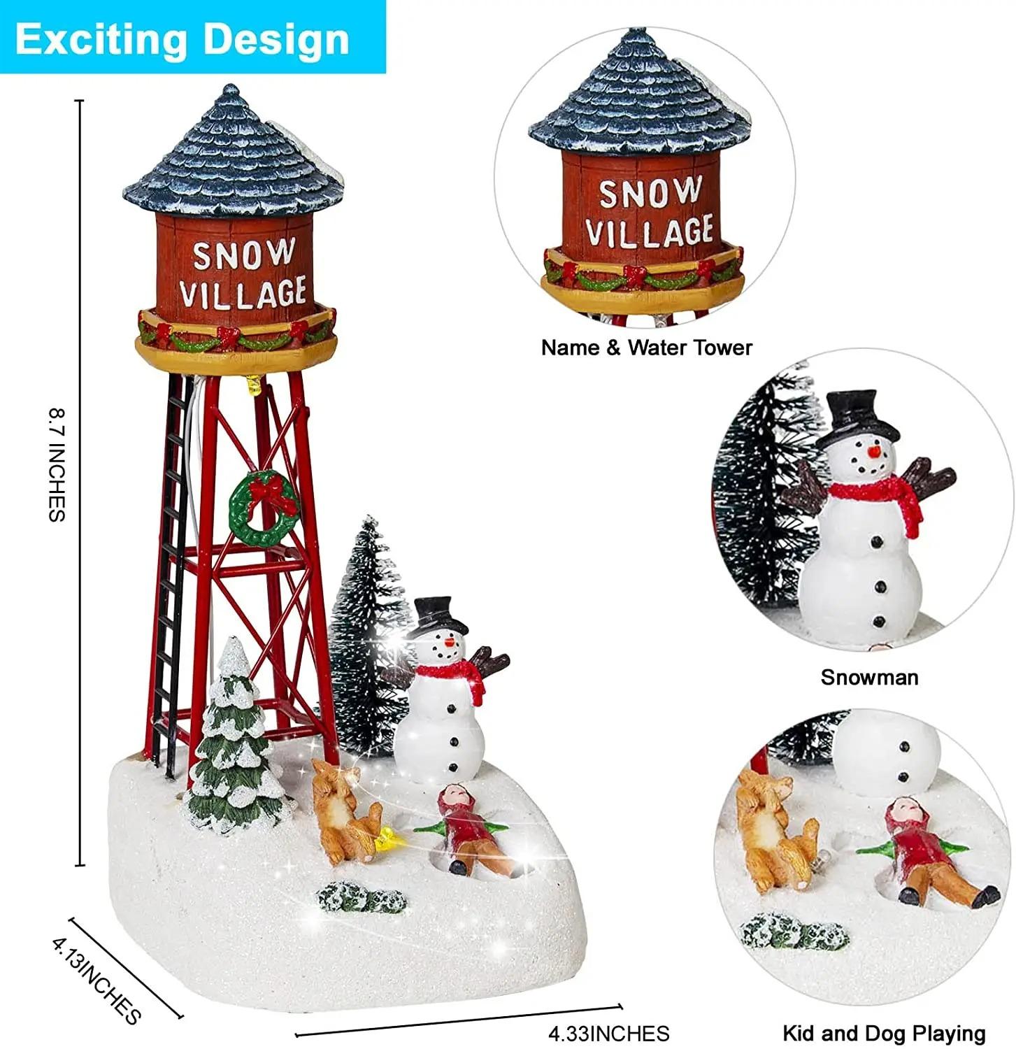 

Christmas Building Decoration Accessories Snow Village Water Tower Figurines Holiday Time Kid Playing with Dog Scene Home Decor