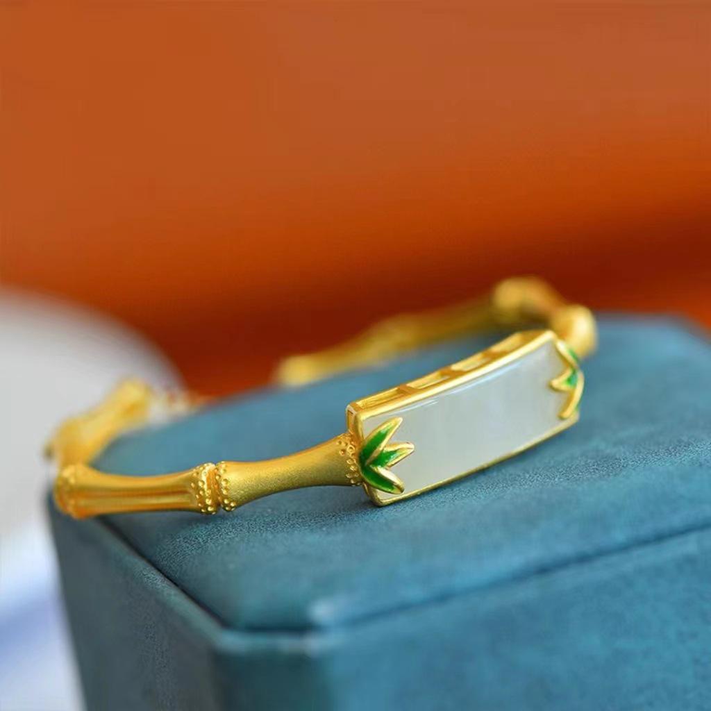 Vietnamese Jade Bamboo Leaf Bangle: Women’s Brass Gold-Plated Ancient Method Bracelet