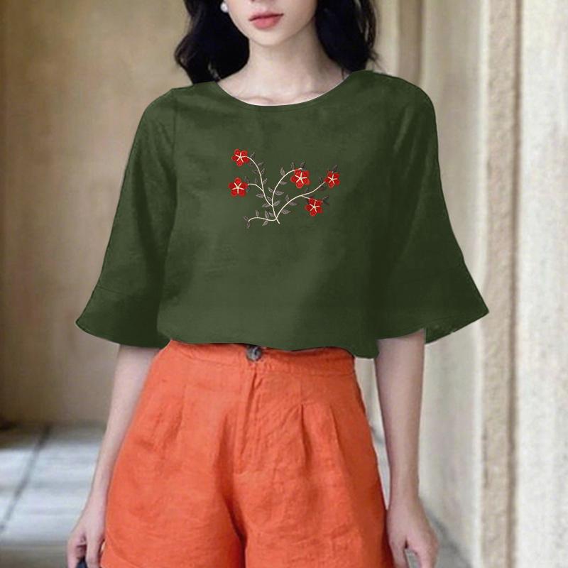 

ZANZEA Женская повседневная блузка с круглым вырезом и рукавами до локтя, летняя, с цветочной вышивкой 4XL темно-зеленого