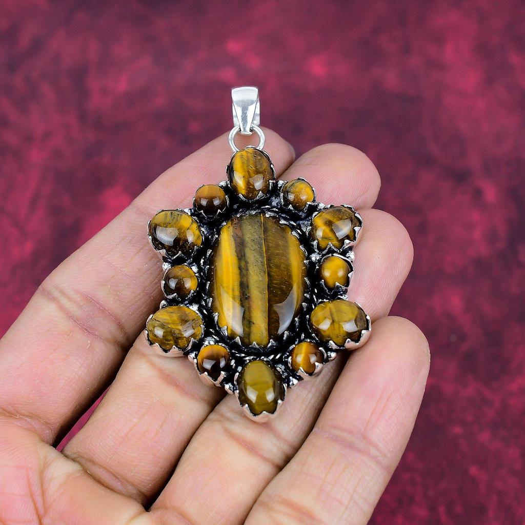 Pingente de prata esterlina sólida 925 olho de tigre, pingente de pedra preciosa feito à mão, presente para a mãe, joias antigas