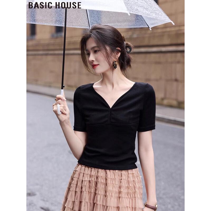 

Basic House Women s Elastic V-Neck Short Sleeve T-Shirt M