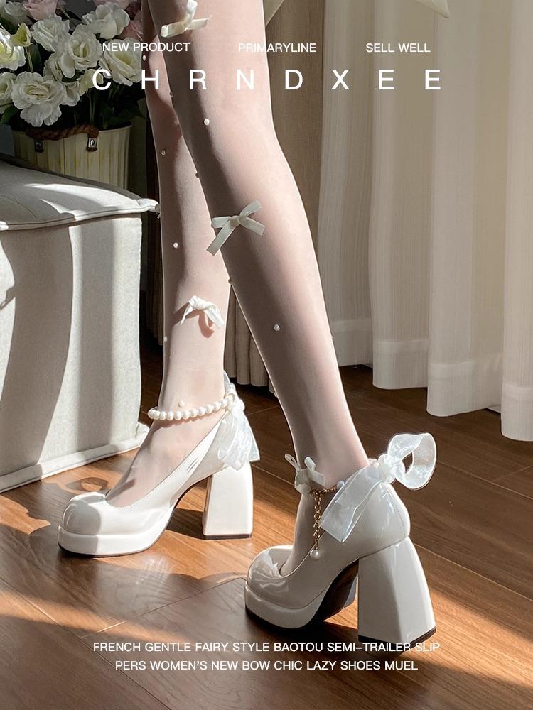 Fashion Retro Mary Jane/Lolita Platform Shoes Women Heeled Pearl Bow Ankle Strap Shallow Comfort Thick High Heel Shoe Pumps Chaussure