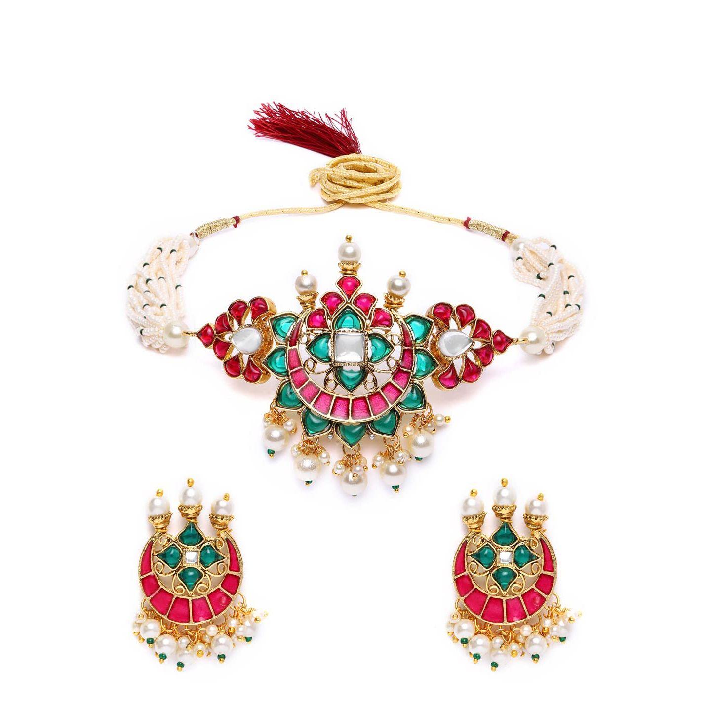 

Комплект колье и серег с розовым и зеленым многорядным жемчугом Meenakari для женщин