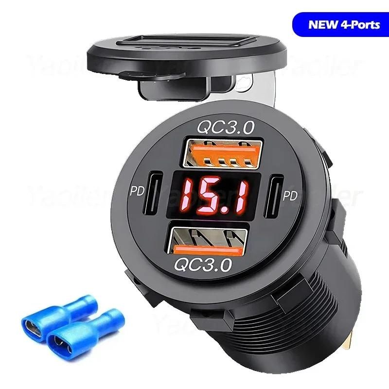 

Автомобильное зарядное устройство USB мощностью 96 Вт с 4 портами 12 В/24 В, двойной порт USB Type-C PD3.0 и двойной порт QC3.0 со светодиодным вольтметром для автомобиля, лодки, мотоцикла, автофургона