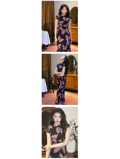 New Chinese Butterfly Print Summer Cheongsam - Short Sleeve Long Dress