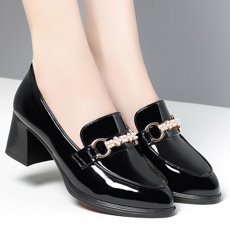 Women's Deep-Cut Pointed High Heels - 2023 Spring/Autumn, Mid-Heel Red Leather Shoes for Middle-Aged Women