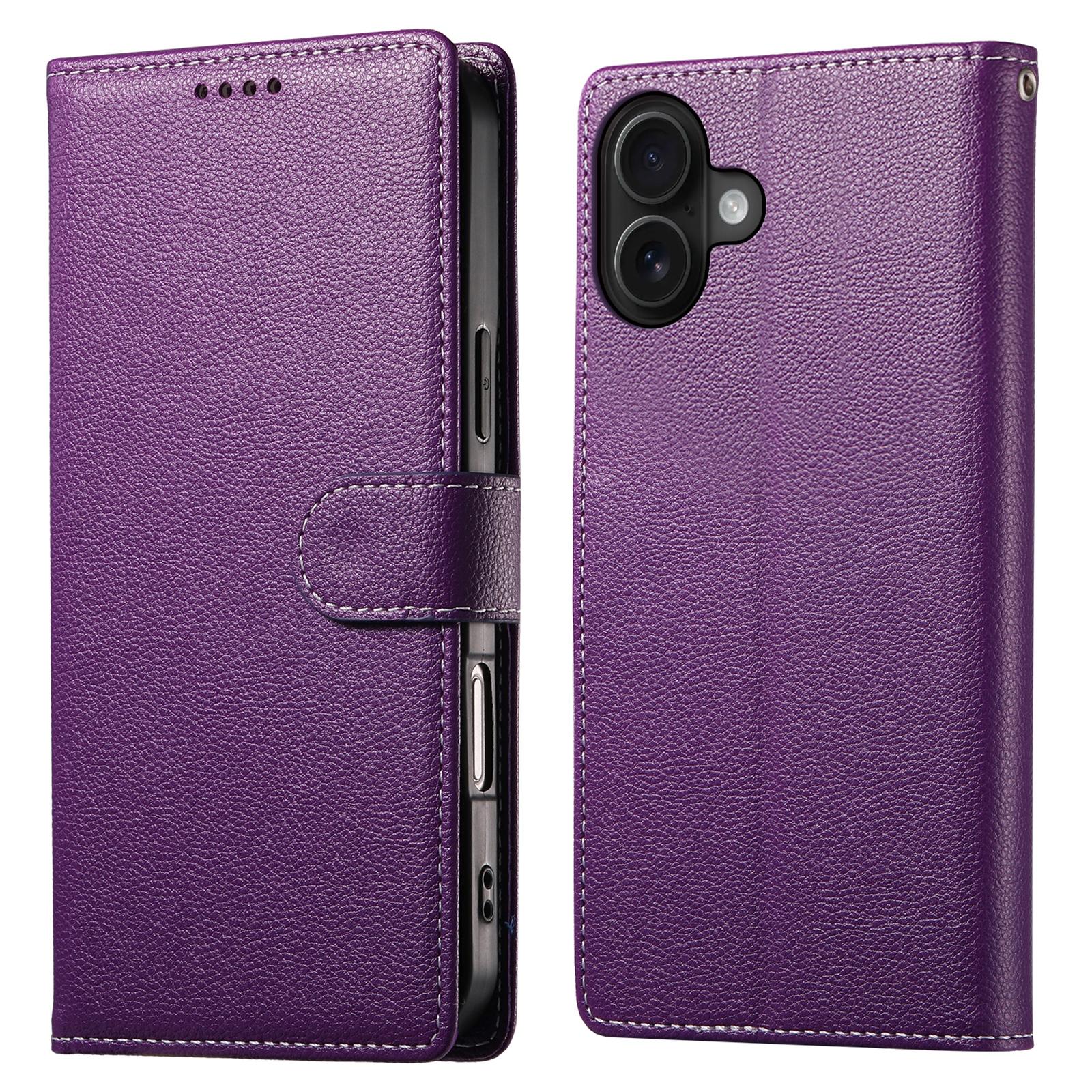 

For iPhone 17 Case Magnetic Snap Litchi Texture Leather Wallet Phone Cover with Wrist Strap Purple