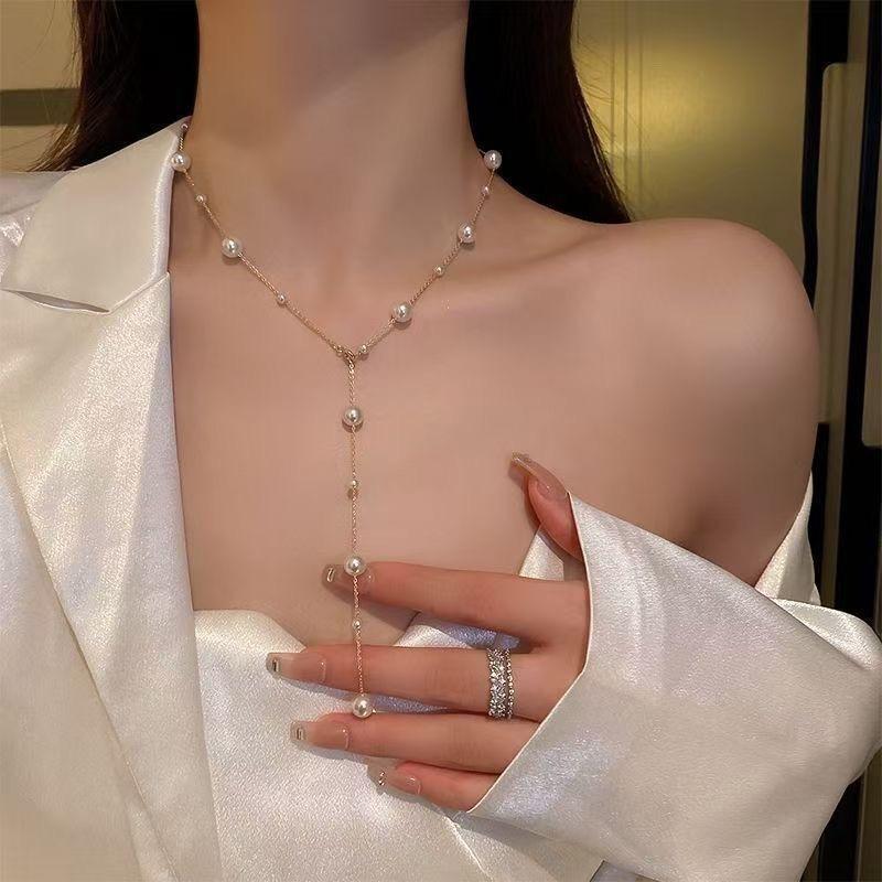 Starry Faux Pearl Tassel Clavicle Necklace For Women Light Luxury Jewelry