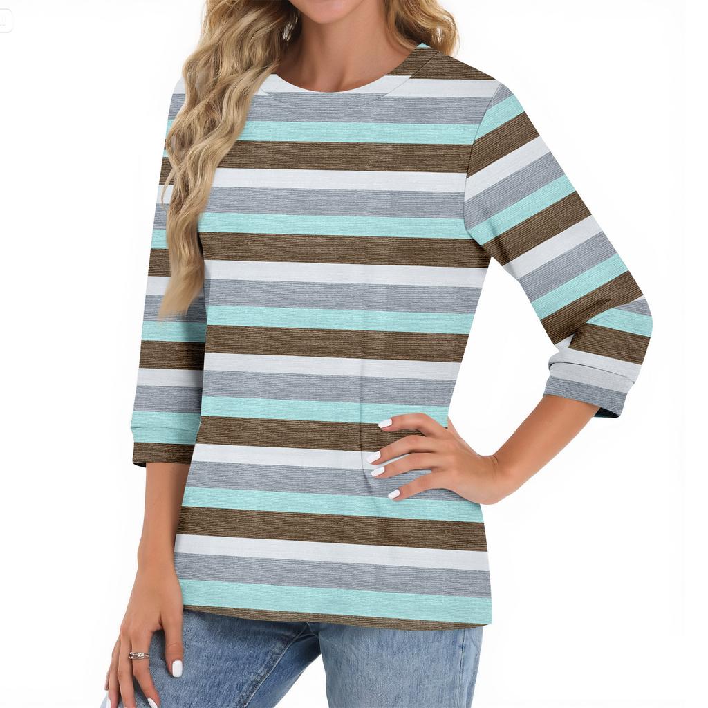 Women's Fashion Casual Seven Sleeve T-Shirt Print Round Neck Top