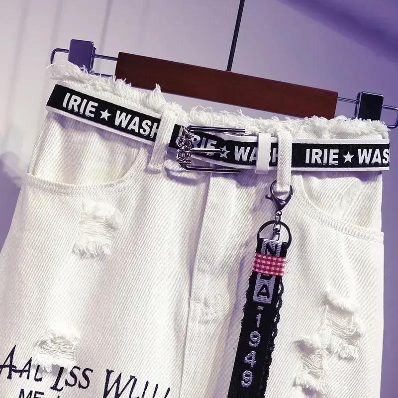 Women Skirt White Denim Long Skirts Letter Print Korean Style Fashion Hole Oversize Plus Size Female Skirts