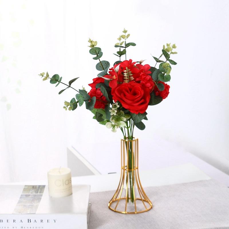 1 Set Golden Vase Metal Flowers Pot Hydroponic Container Test Tube Vase Modern Luxurious Home Desk Decoration Alloy Glass Vases