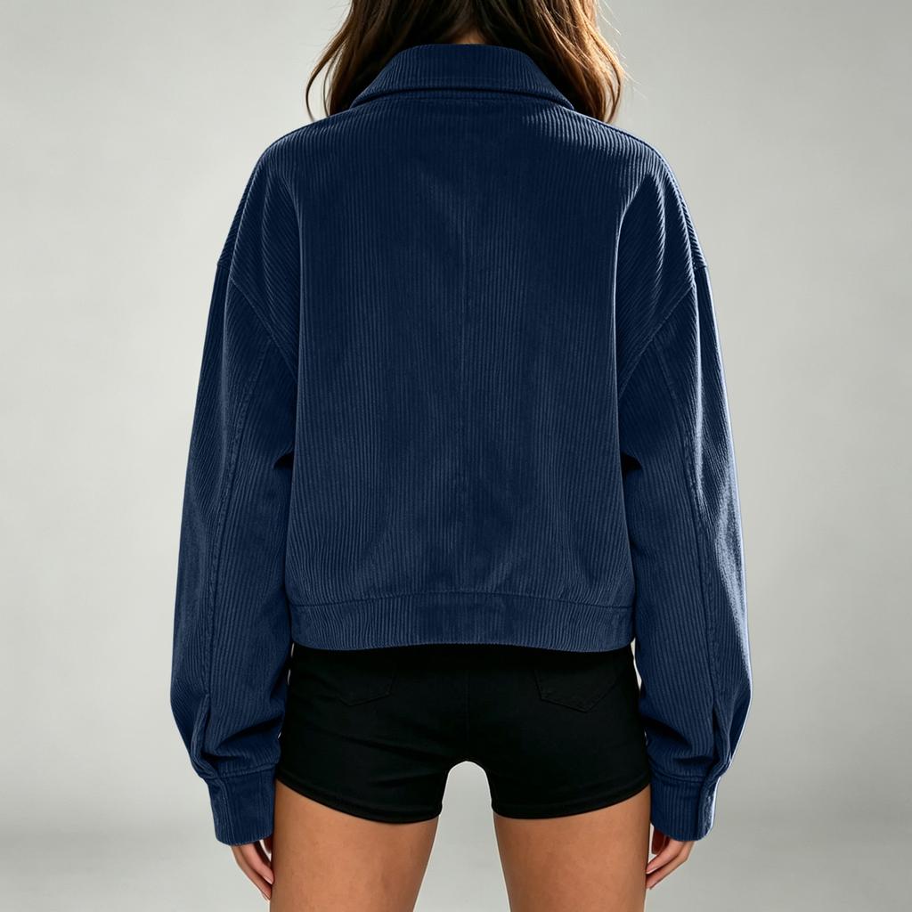 Women's Short Corduroy Jacket Single-Breasted with Lapel Collar and Pockets for Casual Daily Wear