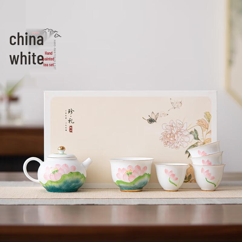 Chinese White Glaze Hand-painted Ceramic Gongfu Tea Set 6-piece Set