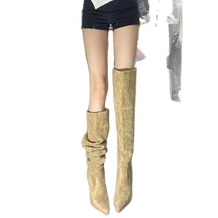 European and American joints trendy women's retro pointed thin heel high heel boots pleated two wear stacking boots khaki gray boots