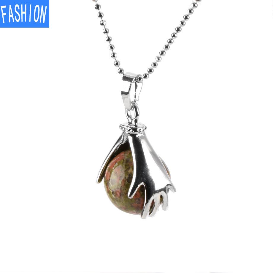 Palm Natural Stone Beads Crystal Pendant Necklace