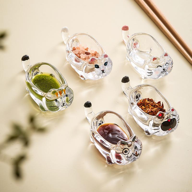 Cat Crystal Glass Dipping Dish Creative Ketchup Bowl Soy Sauce Vinegar Dish Home Appetizer Plate Chopstick Rest 4-Pack