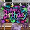 2D Flat, 1pc "Happy Birthday" Graffiti Style Plaque - Colorful Neon Birthday Decor Sign, Black & Multicolor - Aluminium Wall Hanging Decoration for