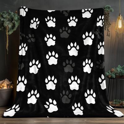 Black And White Paw Print Dog Cat Fleece Blanket Soft Flannel Throw Pet Lover Gift For Animal Enthusiasts Cozy Bedding HomeDecor