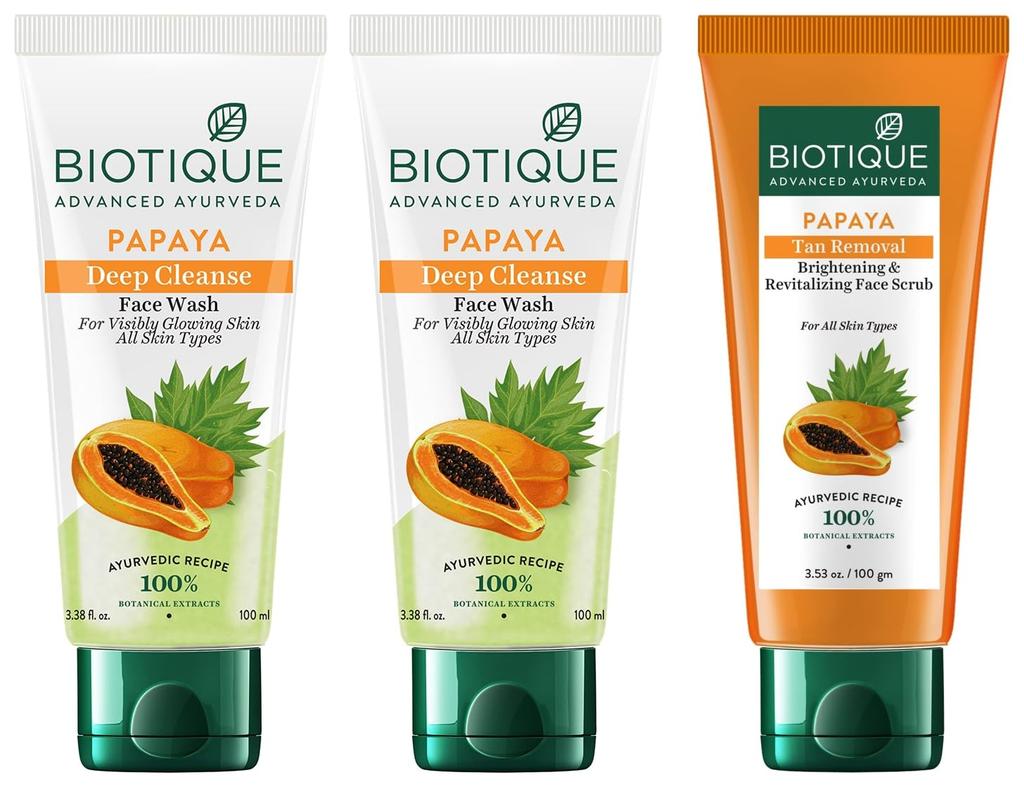 Biotique Papaya Deep Cleanse Face Wash For Visibly Glowing Skin All Skin Types 2x100ml & Biotique Papaya Tan Removal Brightening & Reviatalizing