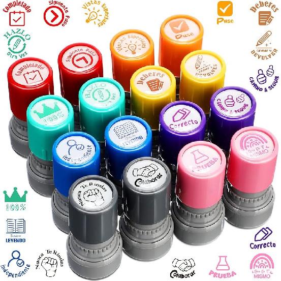 Jetec 16 Pcs Spanish Teacher Self Inking Stamps Teacher Gifts Motivation Grading Stamps for School Classroom Elementary Kid Signature Homework Reward Circle