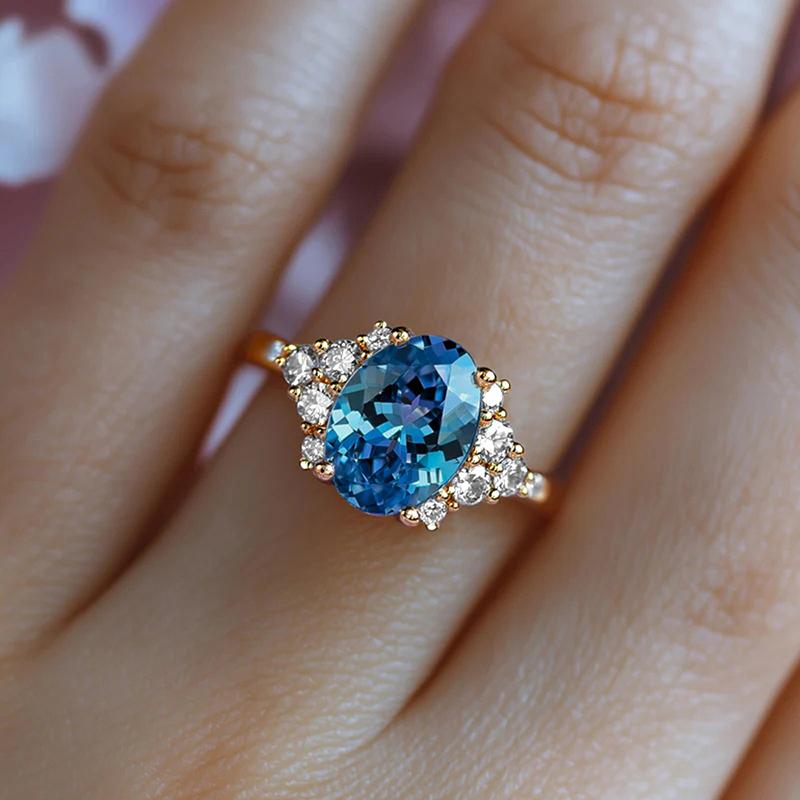 Huitan Oval Sky Blue Cubic Zirconia Rings for Women Rose Gold /Gold Luxury Trendy Wedding Accessories Female Jewelry