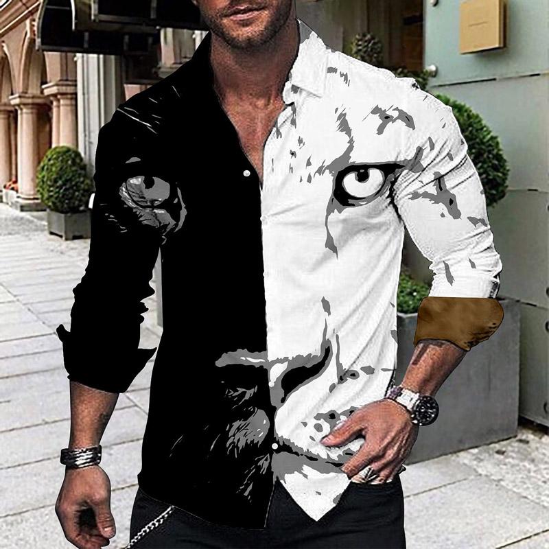 Spring and Autumn New Product Men s 3D Printed Wolf Animal Series Long Sleeve Collar Shirt S