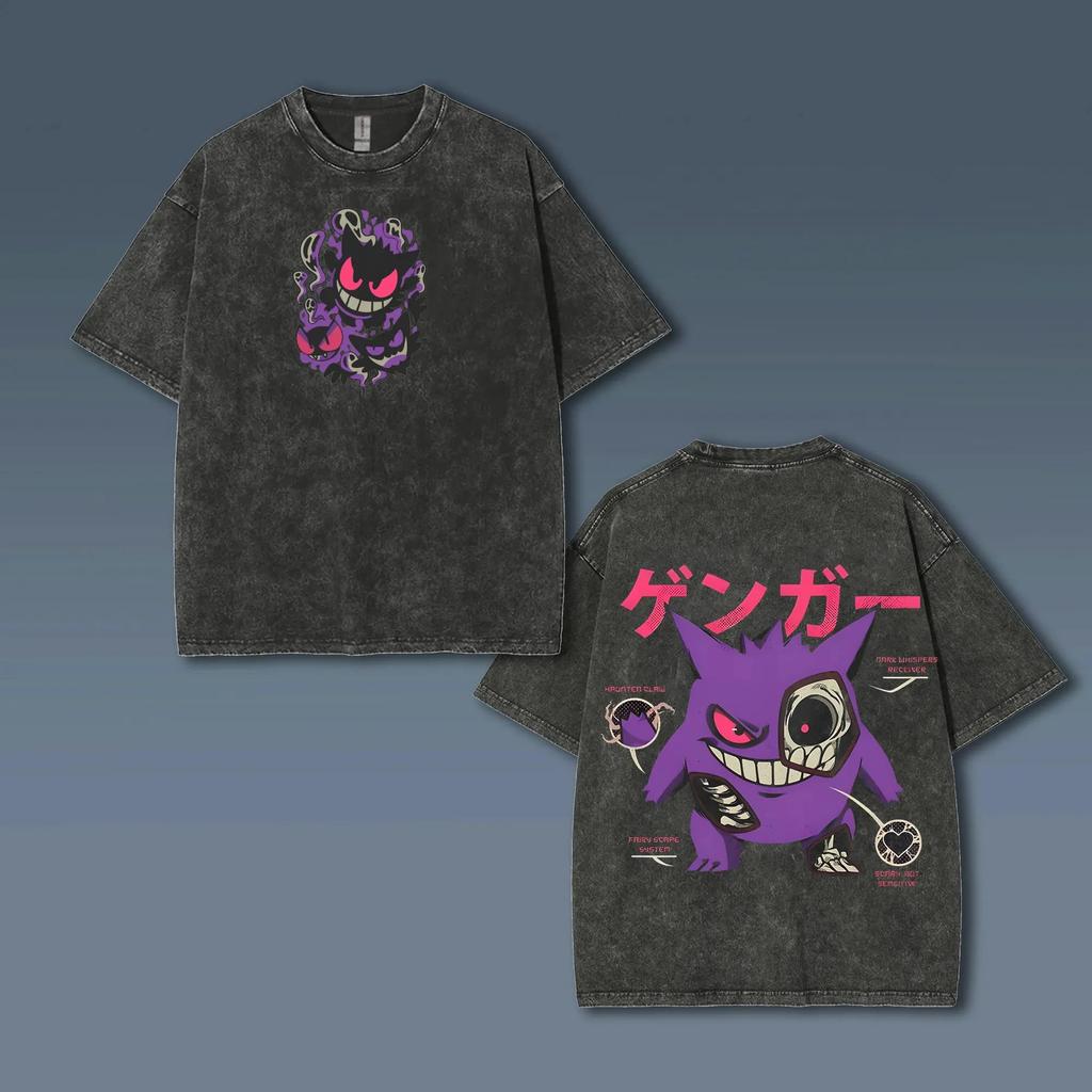 T-shirt Oversize Lavata Stampa Gengar Vintage Lavata a Maniche Corte da Uomo e Donna Moda Estiva 2026 Abbigliamento