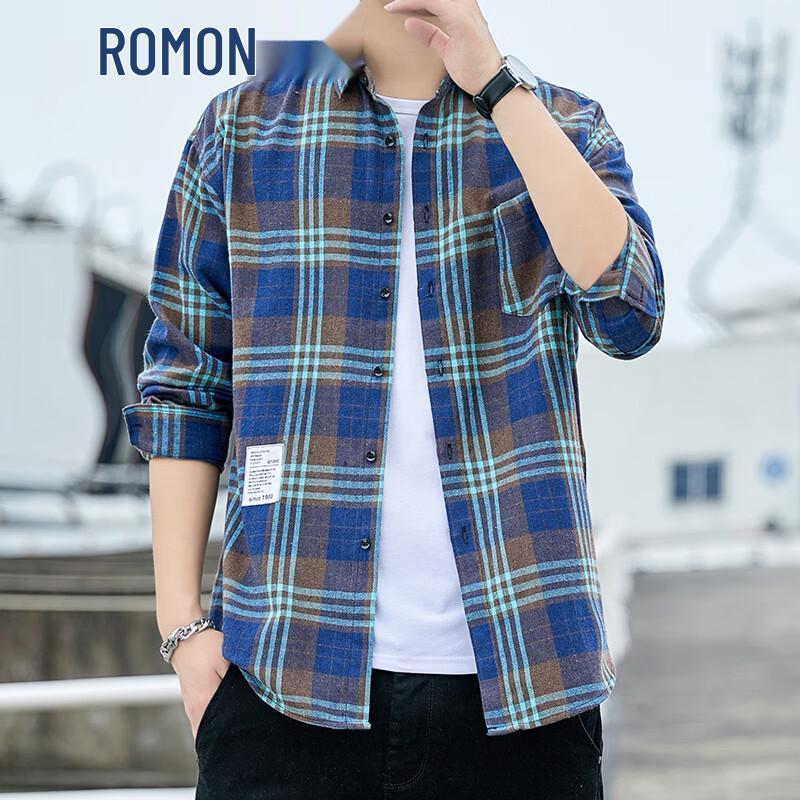 ROMON Men s Long-Sleeve Non-Iron Plaid Casual Shirt 4XL