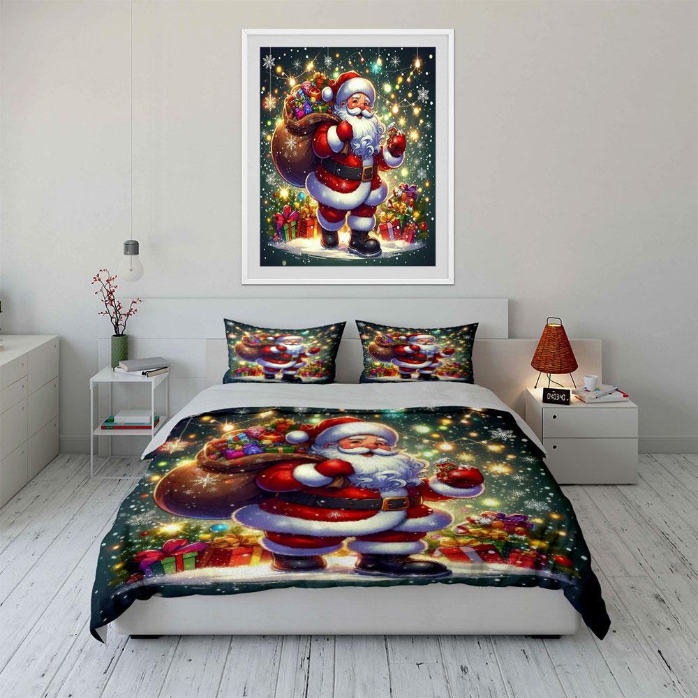 Santa with Gifts and Snow Bedding Duvet Cover Set (1*Duvet Cover 2*Pillowcases, Without Duvet Insert)