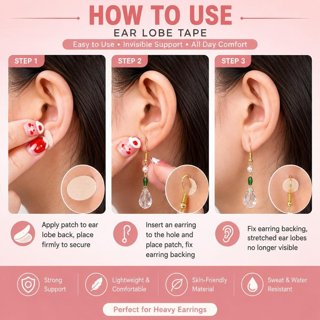 TRICSTER Ear Lobe Tape/Invisible Ear Lobe Support Patch for Pierced Ears - Eliminates the Look of Torn or Stretched Piercings - Protects Healthy