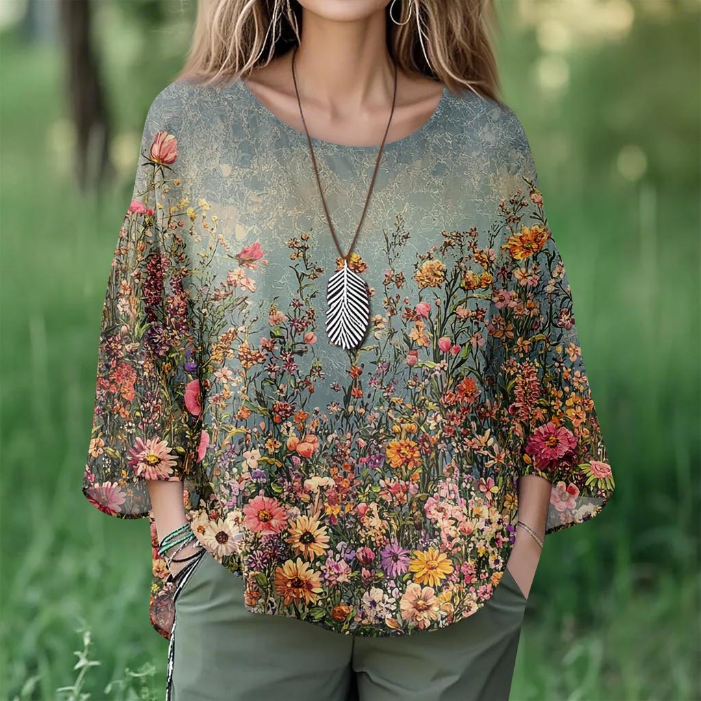 Summer Tops For Women Cute V Neck 3/4 Sleeve Blouses Floral Print Top Casual Shirts