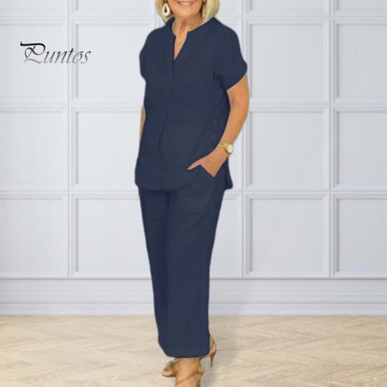 

2 шт./компл., женский комплект с верхними брюками и V-образным вырезом, сплошной цвет, с короткими рукавами, декором на пуговицах, футболка с эластичной резинкой на талии, широкие брюки, повседневный комплект брюк больших размеров