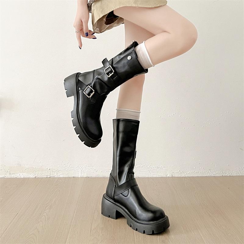 Black retro thick-soled thick-heeled Martin boots women's 2025 new summer British style thin medium tube knight boots