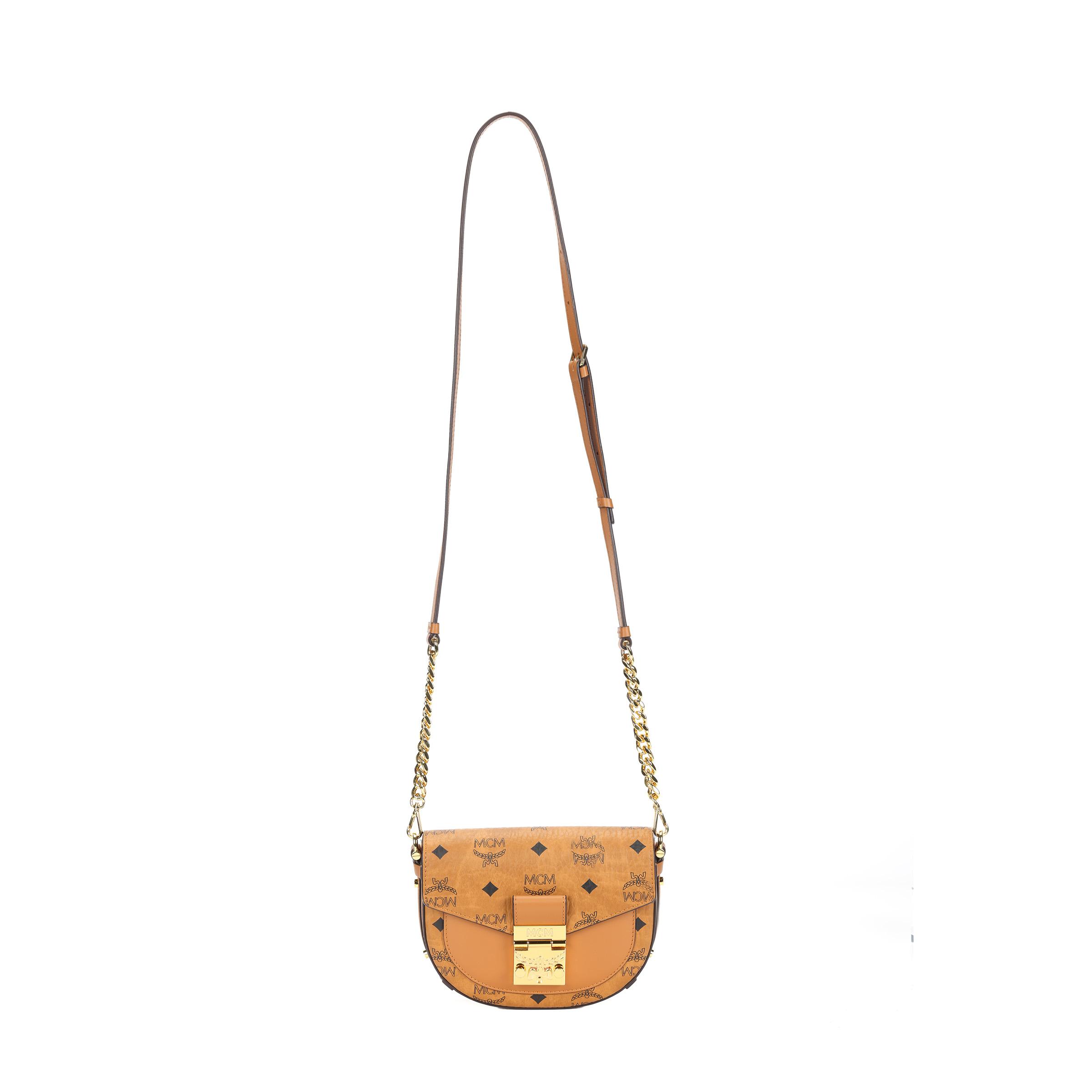 MCM Monogram Gecoat Canvas Ketting Zadel Tas Mini Dames Schoudertas Cognac MWRAAPA08CO001 Basic Set (Bag+Dust Bag)