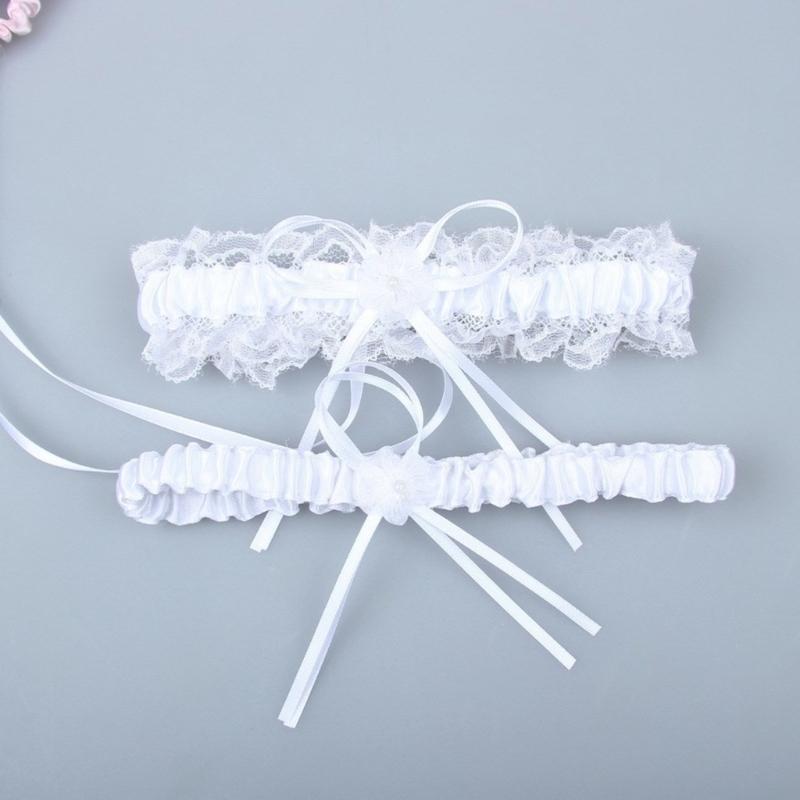 2Pcs Trimmed Lace Bowknot Bridal Garters Set for Engagement Party Accessory Gift