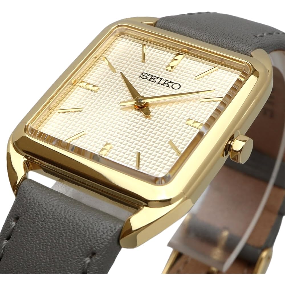 Seiko SWR090P1 Quartz Women's Square Design Watch Gold Gray Leather Band