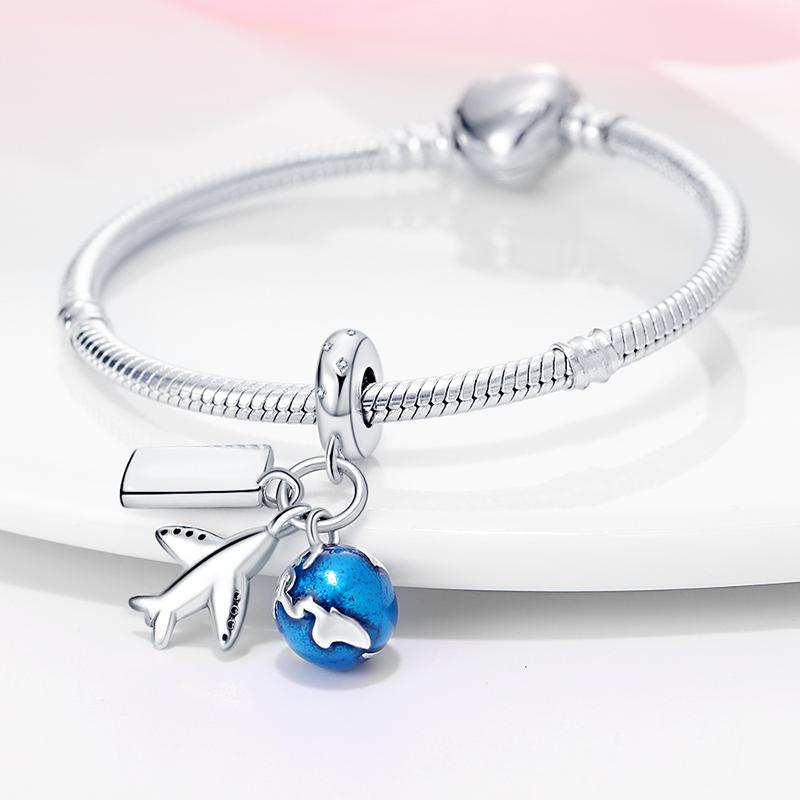 Fit Original Copper Charm Beads Airplane Camera Earth Travel Charms Pendant Safety Chain For Woman Fine Diy Jewelry