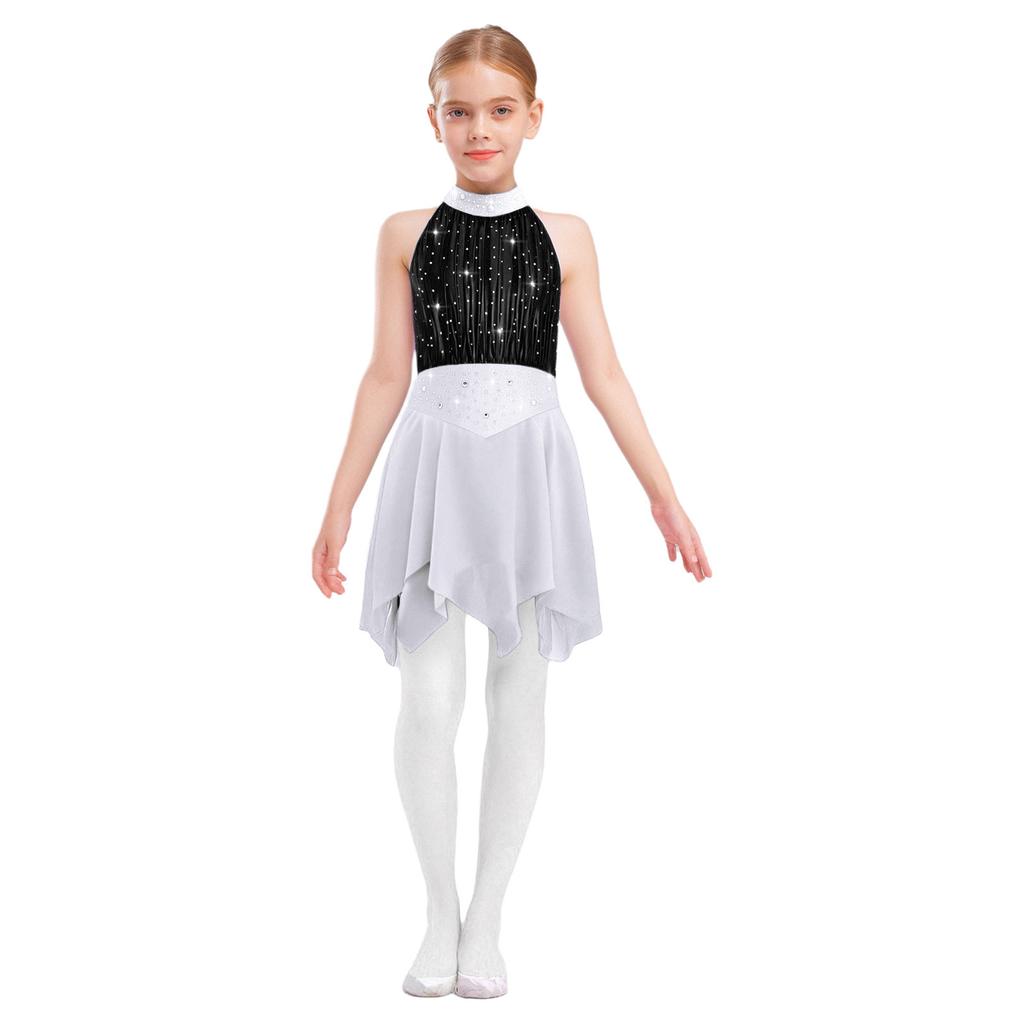 Girls Lyrical Dance Costume Sparkle Rhinestones Keyhole Back Irregular Chiffon Hem Skating Dress