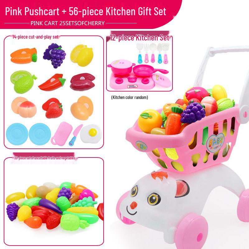 Large Kids' Grocery Cart with Fruit & Vegetable Play Set for Playhouse