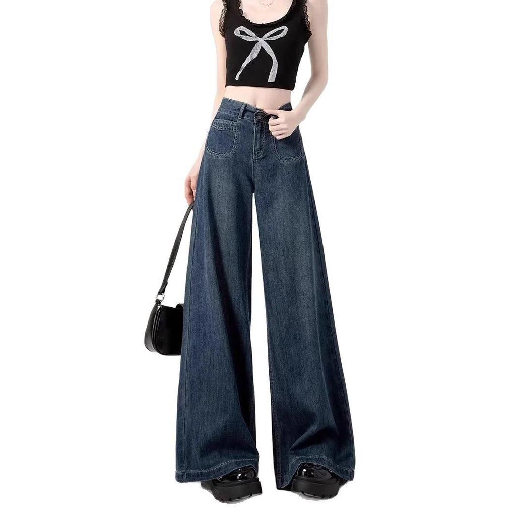 Women's Dark Blue Wide-Leg Jeans - Autumn Loose Fit, Slimming, Floor-Length, Plus-Size Velvet Pants